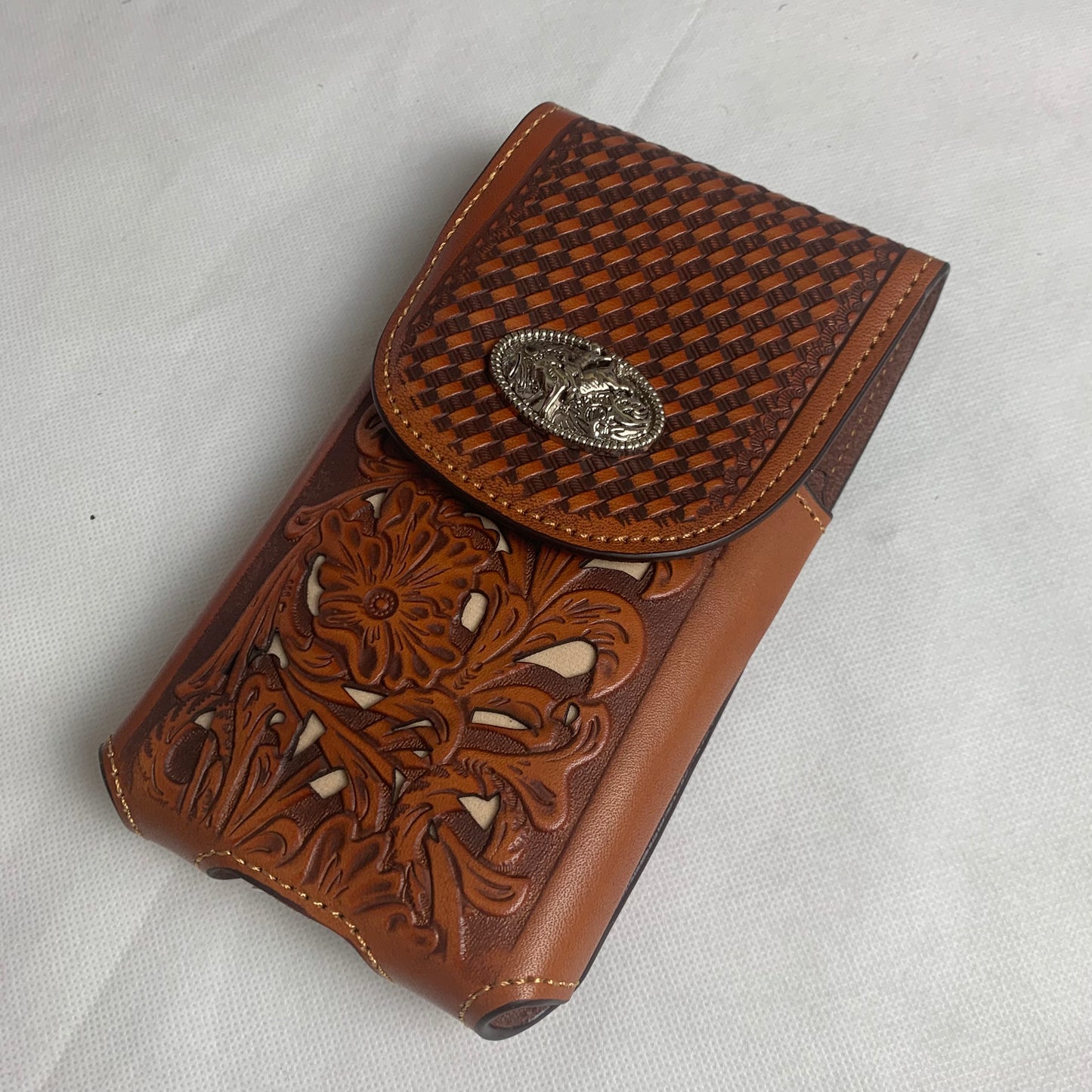 7.5" RODEO BULL RIDER TAN BEIGE LEATHER POUCH EXTRA LARGE  BELT LOOP HOLSTER CELL PHONE CASE UNIVERSAL OVERSIZE HANDMADE #EH12963