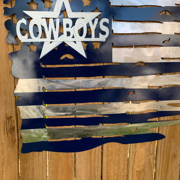 DALLAS COWBOYS METAL TATTERED FLAG NAVY BLUE, WHITE & SILVER CUSTOM VINTAGE CRAFT TEAM SIGN HANDMADE USA #EH11991