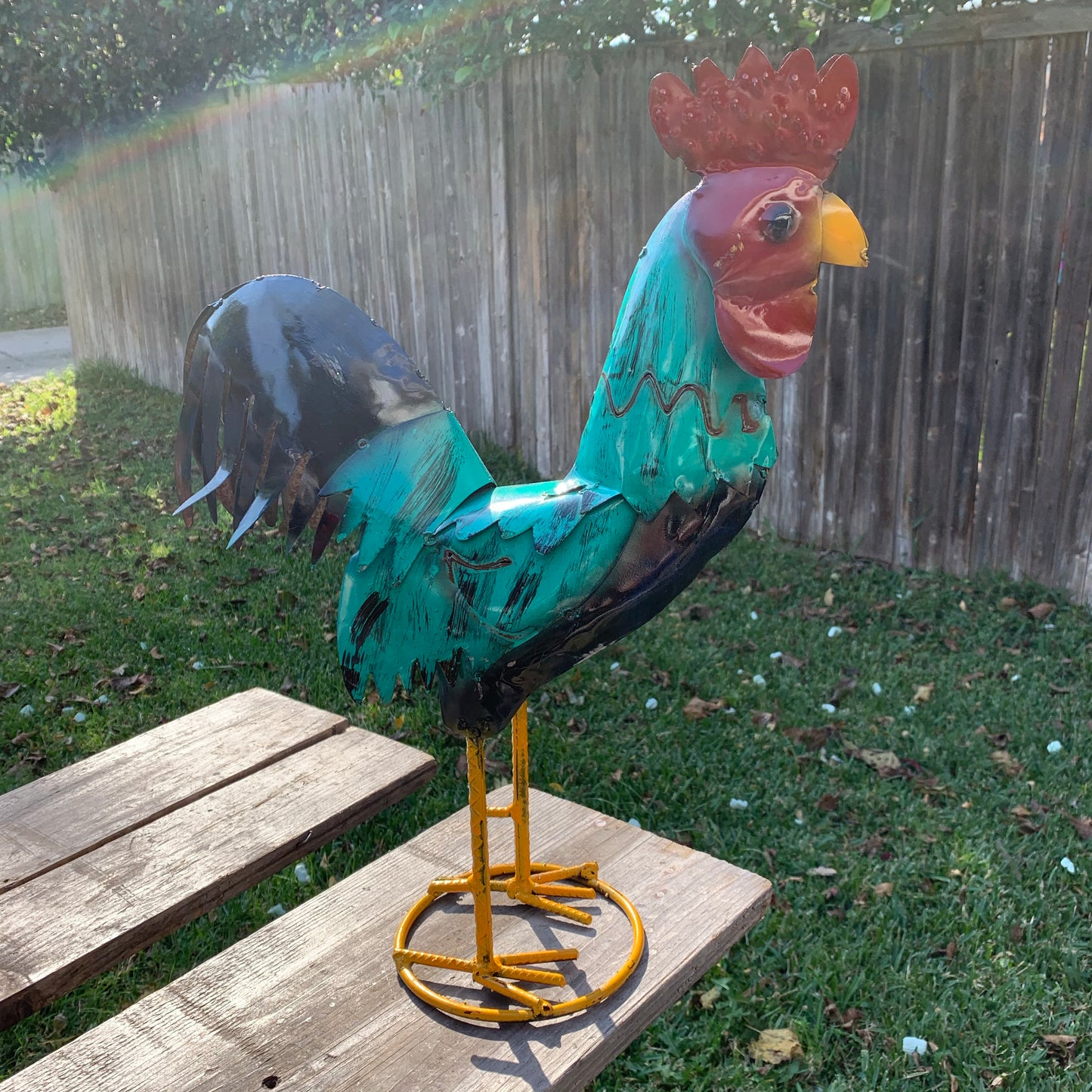 #34-041 RUSTIC TURQUOISE ROOSTER 20",30",40" CHICKEN GARDEN ANIMAL SCULPTURE METAL DECOR ORNAMENT HANDMADE