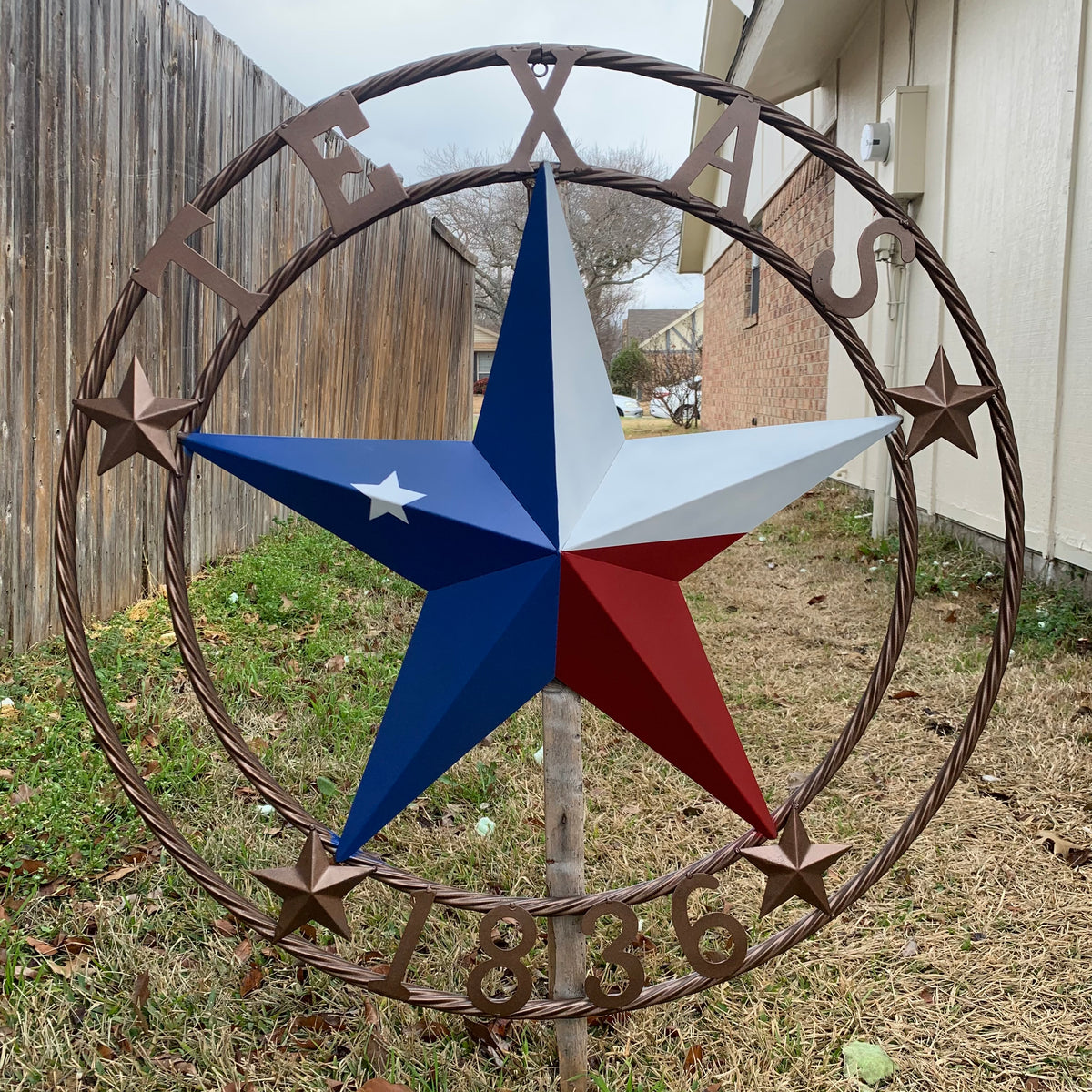 TEXAS 1836  FLAG STAR RED WHITE BLUE BARN STAR TWISTED ROPE RING BRONZE WESTERN HOME DECOR  #EH10958