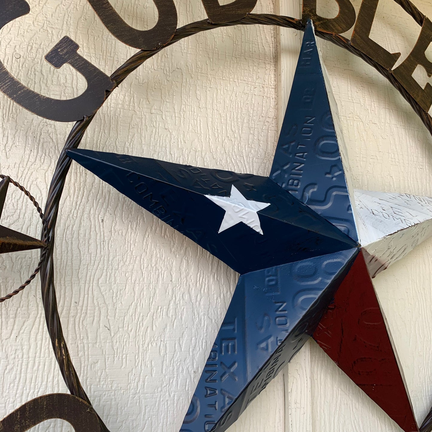 GOD BLESS OUR HOME LICENSE PLATE BARN METAL STAR ROPE RING WALL ART WESTERN HOME DECOR RED WHITE BLUE HANDMADE #EH12927