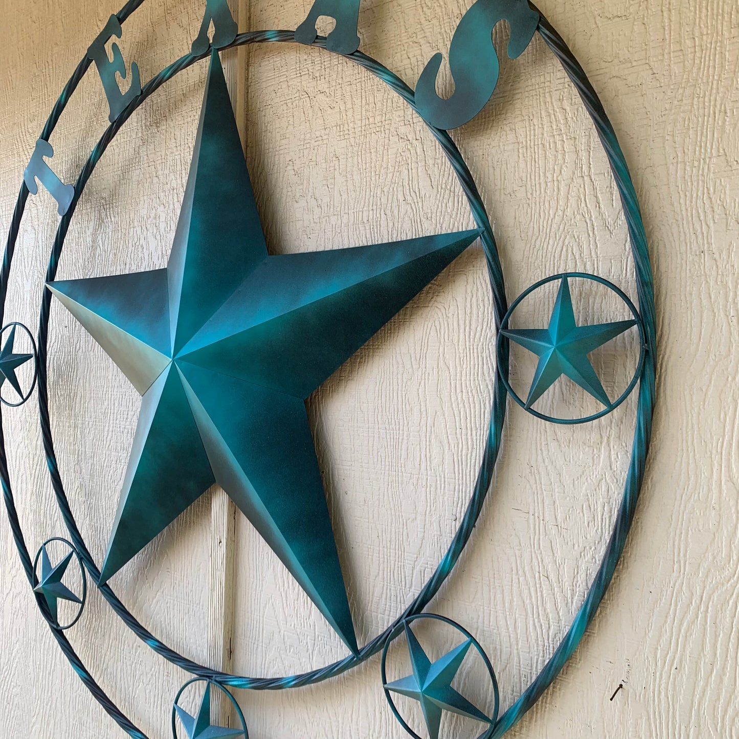TEXAS LONESTAR TURQUOISE DISTRESSED TWO TONE METAL BARN STAR TWISTED ROPE RING WALL ART WESTERN HOME DECOR HANDMADE NEW #EH10483