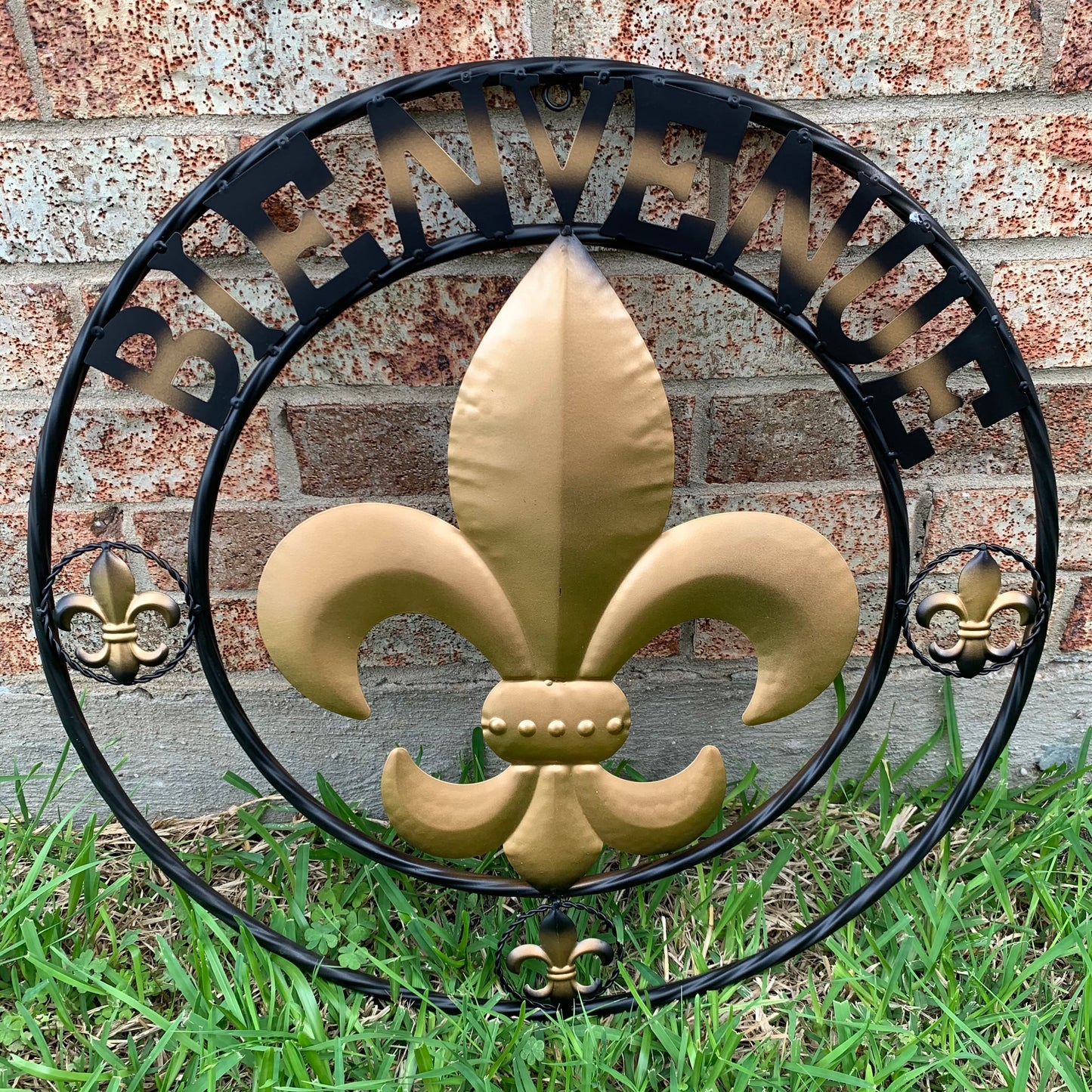 BIENVENUE FLEUR DE LIS METAL WALL ART WESTERN HOME DECOR RUSTIC GOLD & BLACK NEW #EH10258