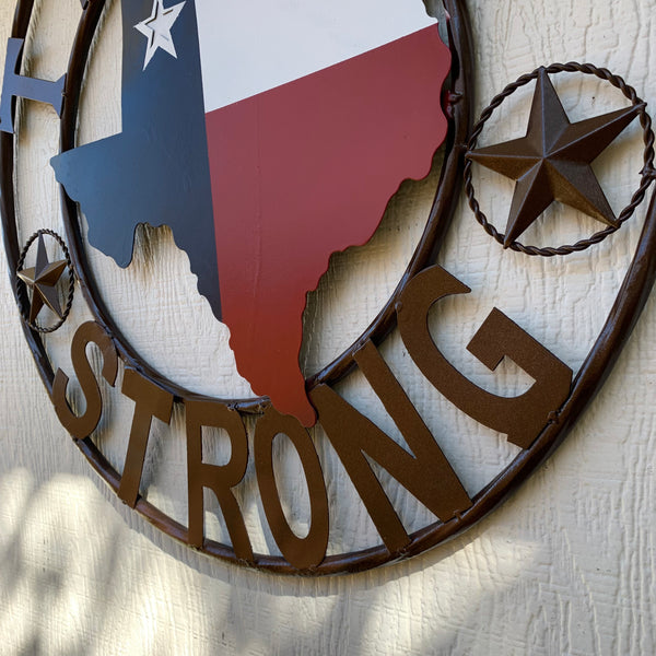 TEXAS STRONG SIGN METAL WALL ART WESTERN HOME DECOR RED WHITE BLUE WITH BRONZE RING HANDMADE #EH13212