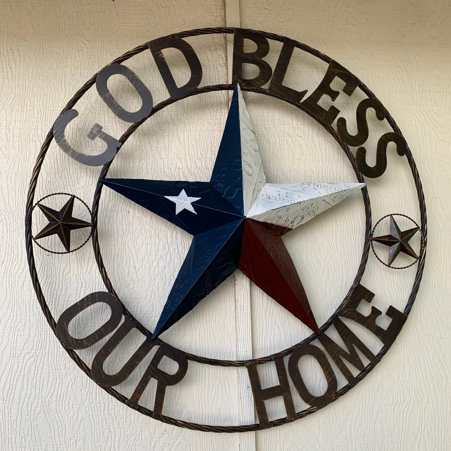 GOD BLESS OUR HOME LICENSE PLATE BARN METAL STAR ROPE RING WALL ART WESTERN HOME DECOR RED WHITE BLUE HANDMADE #EH12927