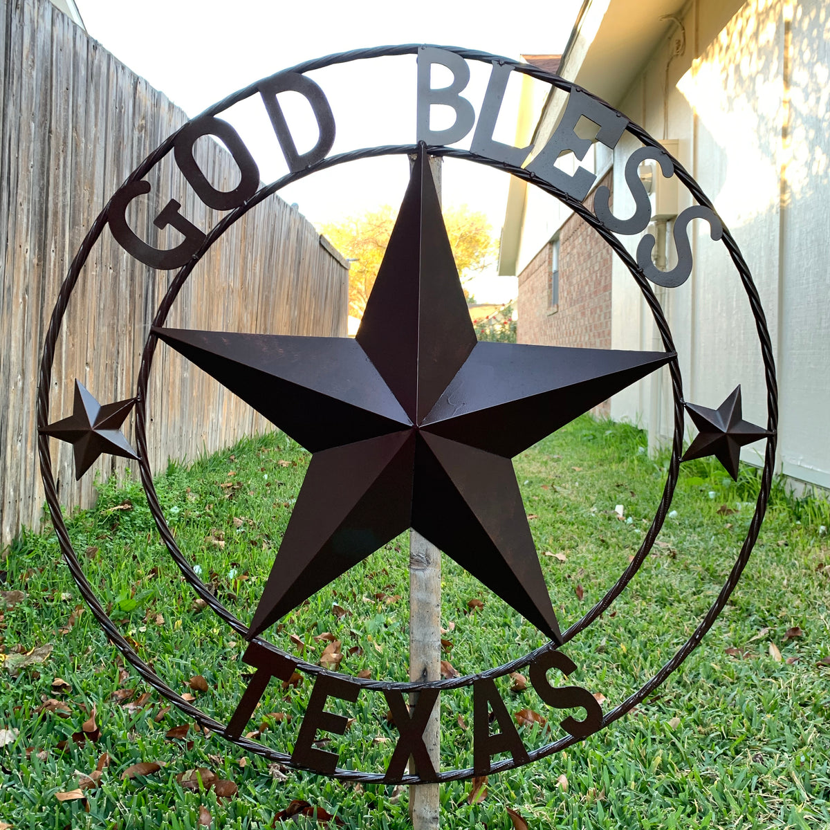 GOD BLESS TEXAS BROWN BARN STAR METAL LONE STAR TWISTED ROPE RING WESTERN HOME DECOR HANDMADE NEW #EH11085