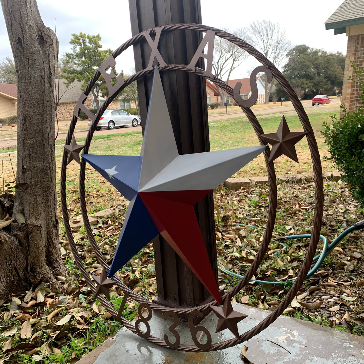 TEXAS 1836  FLAG STAR RED WHITE BLUE BARN STAR TWISTED ROPE RING BRONZE WESTERN HOME DECOR  #EH10958