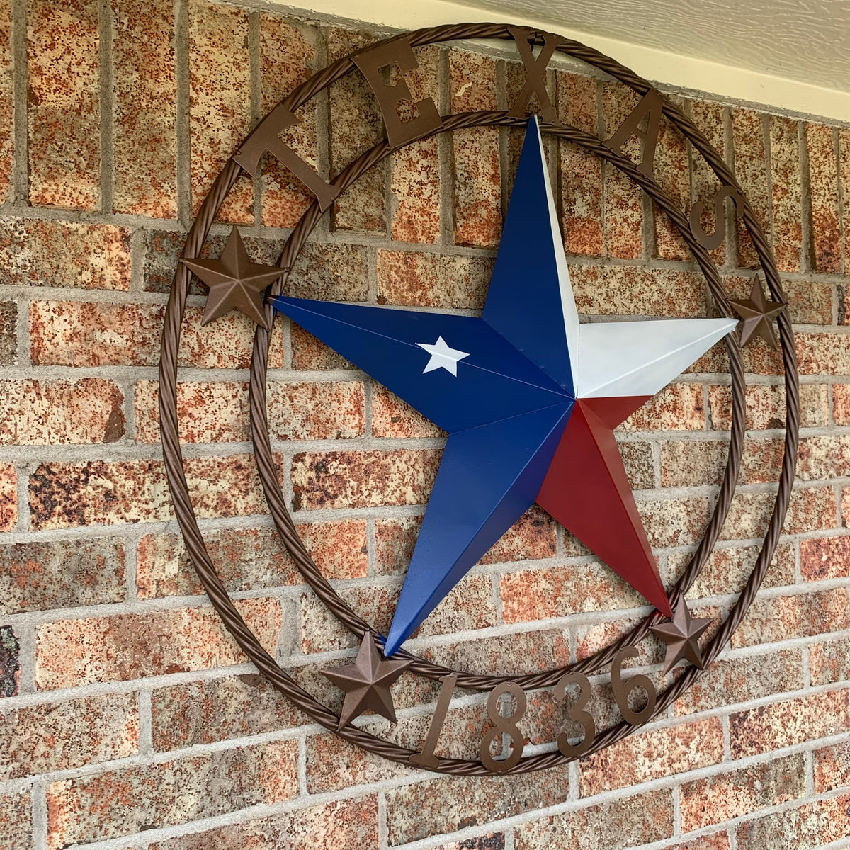TEXAS 1836  FLAG STAR RED WHITE BLUE BARN STAR TWISTED ROPE RING BRONZE WESTERN HOME DECOR  #EH10958