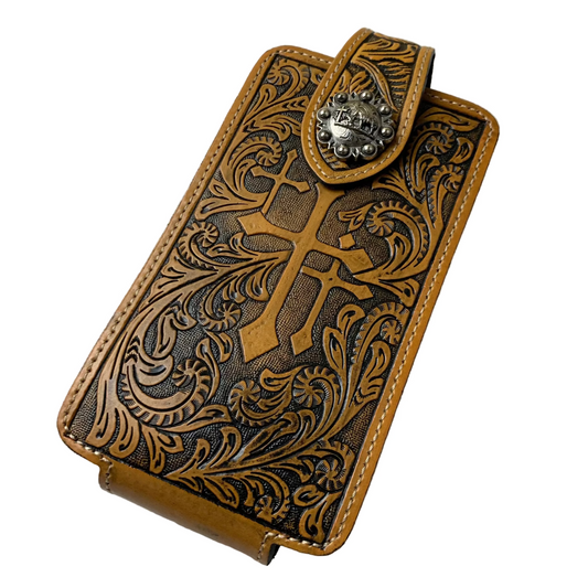 7" COWBOY PRAYER CROSS TAN BROWN  LEATHER POUCH EXTRA LARGE  BELT LOOP HOLSTER CELL PHONE CASE UNIVERSAL OVERSIZE #EH12968