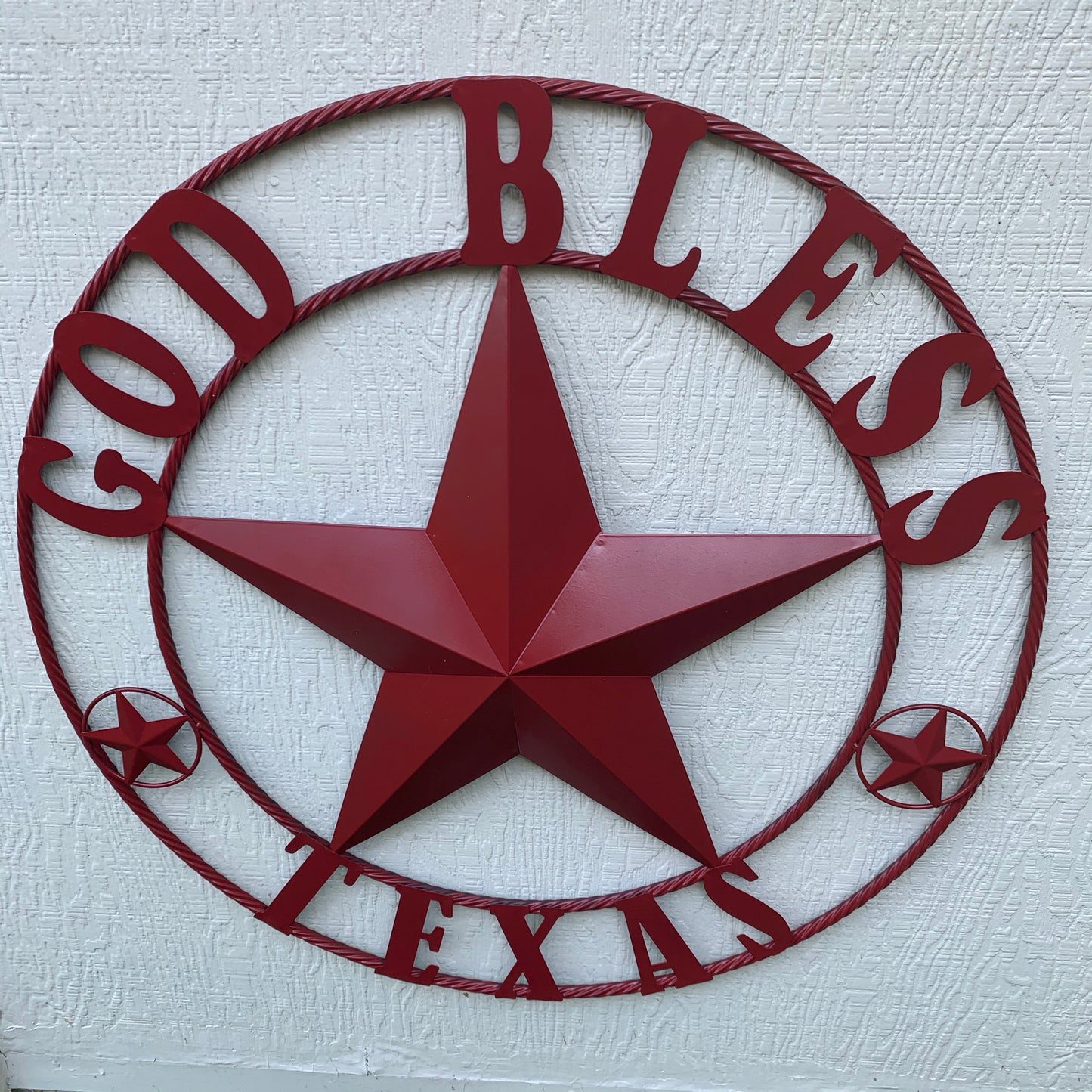 24",32",40",50" BURGUNDY RED GOD BLESS TEXAS BARN STAR ROPE RING METAL WALL ART WESTERN HOME DECOR NEW