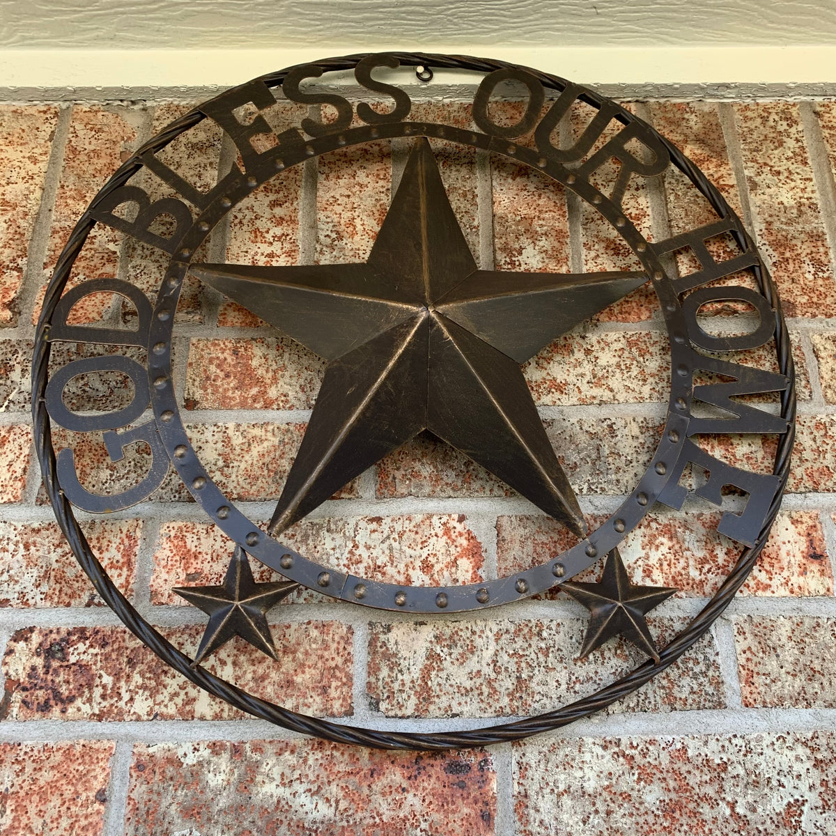 24" GOD BLESS OUR HOME BEADED STAR COLIBROX METAL TWISTED ROPE RING LONE STAR WALL ART WESTERN HOME DECOR RUSTIC DARK BRONZE COPPER HANDMADE NEW