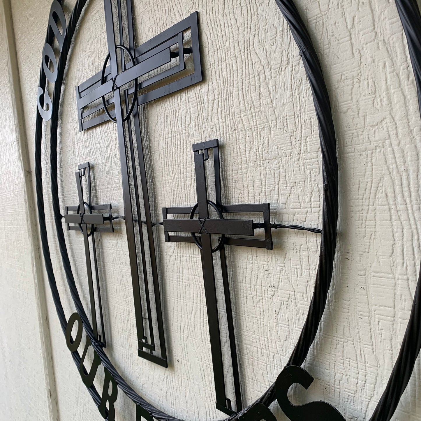 40"GOD BLESS OUR RIDERS CRUCIFIX BLACK CROSS METAL WALL ART HANDMADE