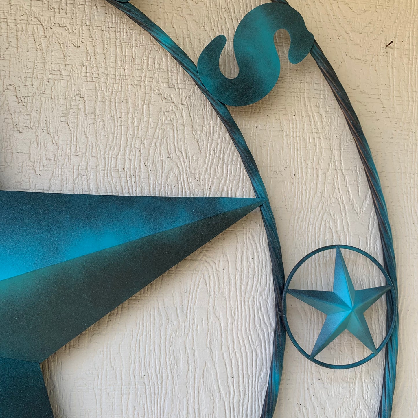 TEXAS LONESTAR TURQUOISE DISTRESSED TWO TONE METAL BARN STAR TWISTED ROPE RING WALL ART WESTERN HOME DECOR HANDMADE NEW #EH10483