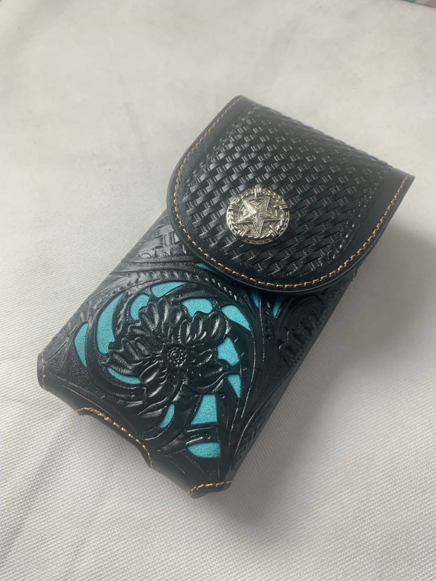 7" LONE STAR BLACK & TURQUOISE LEATHER HOLSTER POUCH EXTRA LARGE  BELT LOOP CELL PHONE CASE UNIVERSAL OVERSIZE--FREE SHIPPING