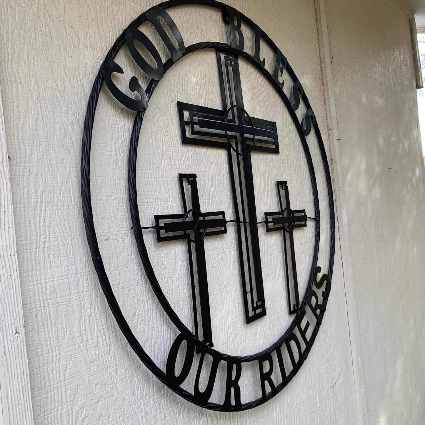 40"GOD BLESS OUR RIDERS CRUCIFIX BLACK CROSS METAL WALL ART HANDMADE
