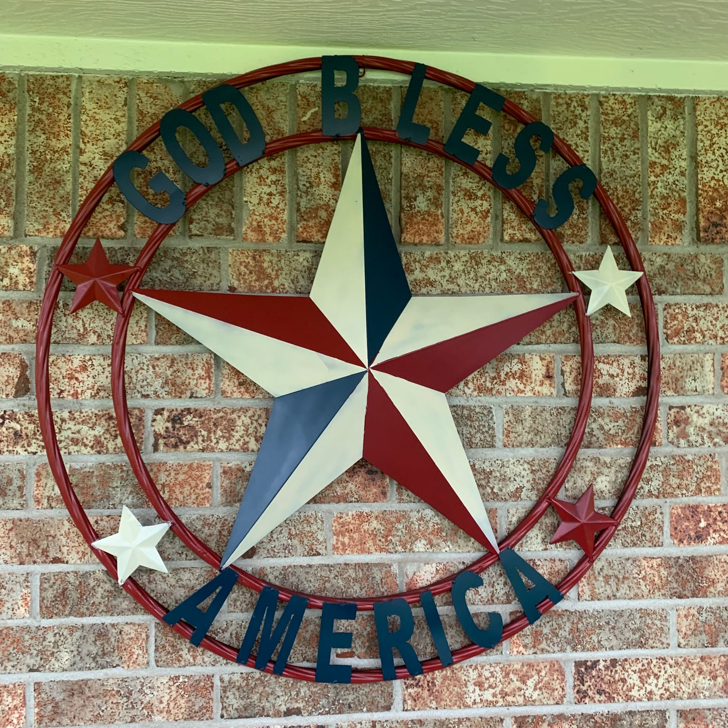 #EH10489 GOD BLESS AMERICA USA FLAG BARN STAR METAL RED WHITE BLUE WESTER HOME DECOR HANDMADE NEW