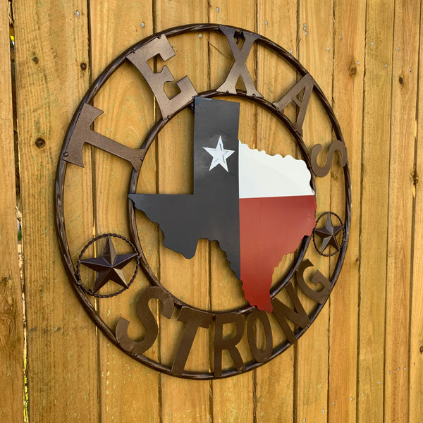 TEXAS STRONG SIGN METAL WALL ART WESTERN HOME DECOR RED WHITE BLUE WITH BRONZE RING HANDMADE #EH13212