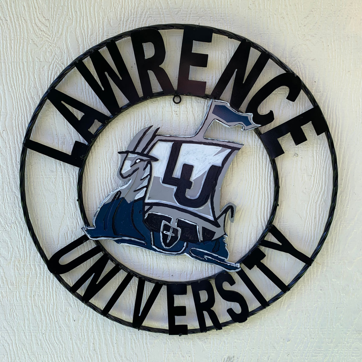LAWRENCE UNIVERSITY METAL CUSTOM VINTAGE CRAFT WALL ART RUSTIC BLUE SILVER WHITE TEAM SIGN HANDMADE