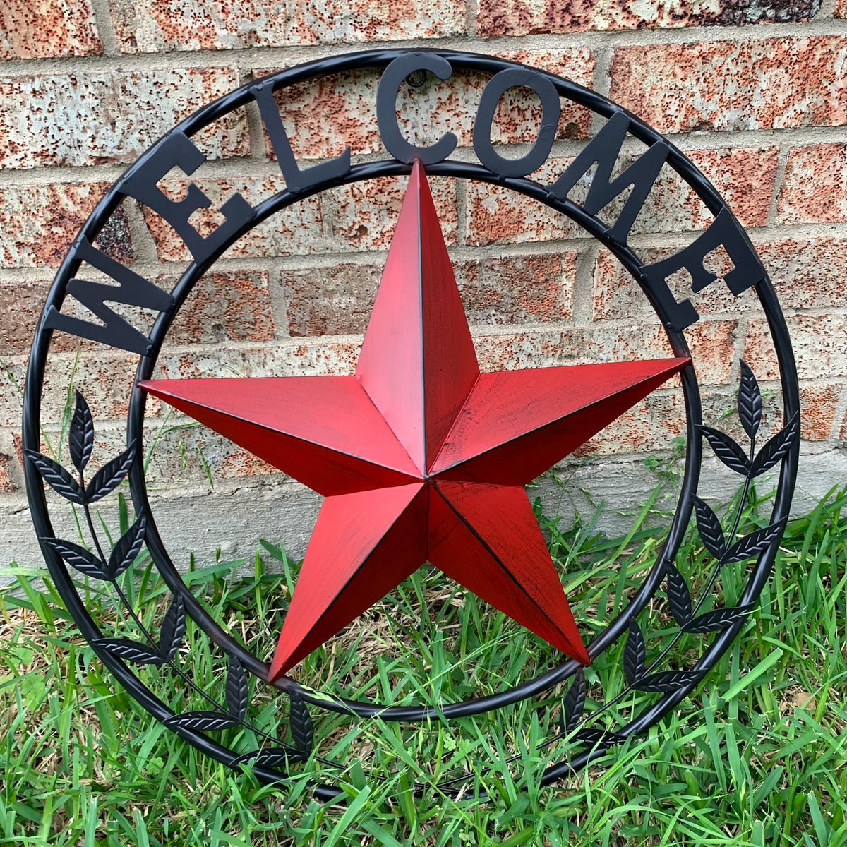 24" WELCOME LEAF LEAVES STAR METAL WALL ART WESTERN HOME DECOR RUSTIC RED HANDMADE