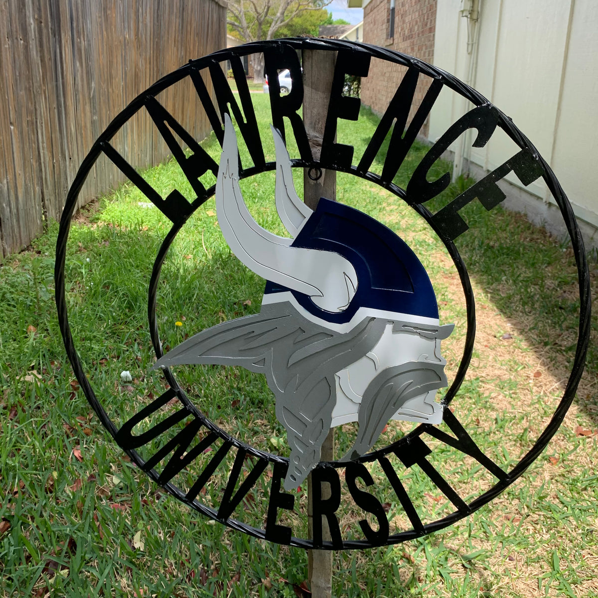 LAWRENCE UNIVERSITY METAL CUSTOM VINTAGE CRAFT WALL ART RUSTIC BLUE SILVER WHITE TEAM SIGN HANDMADE