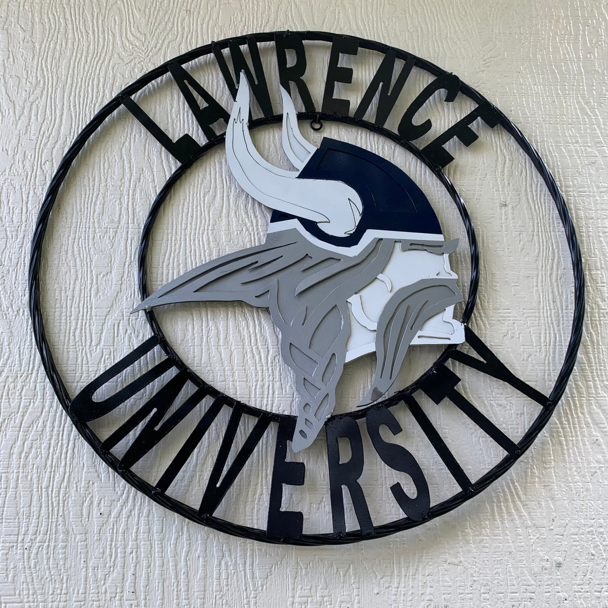 LAWRENCE UNIVERSITY METAL CUSTOM VINTAGE CRAFT WALL ART RUSTIC BLUE SILVER WHITE TEAM SIGN HANDMADE