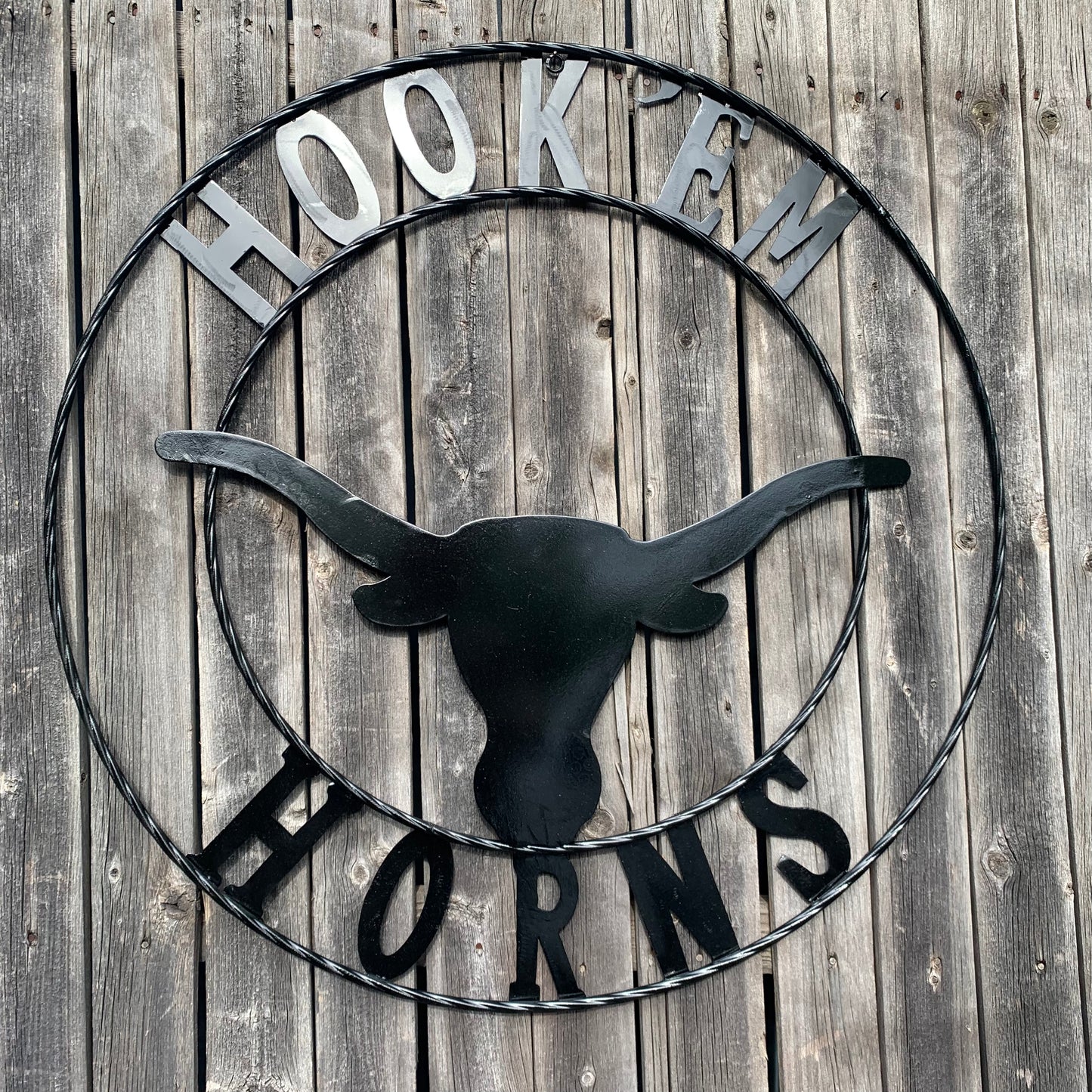 HOOKEM HORNS GLOSSY BLACK TEXAS LONGHORNS HOOK EM METAL CUSTOM VINTAGE CRAFT WALL ART TEAM SIGN HANDMADE
