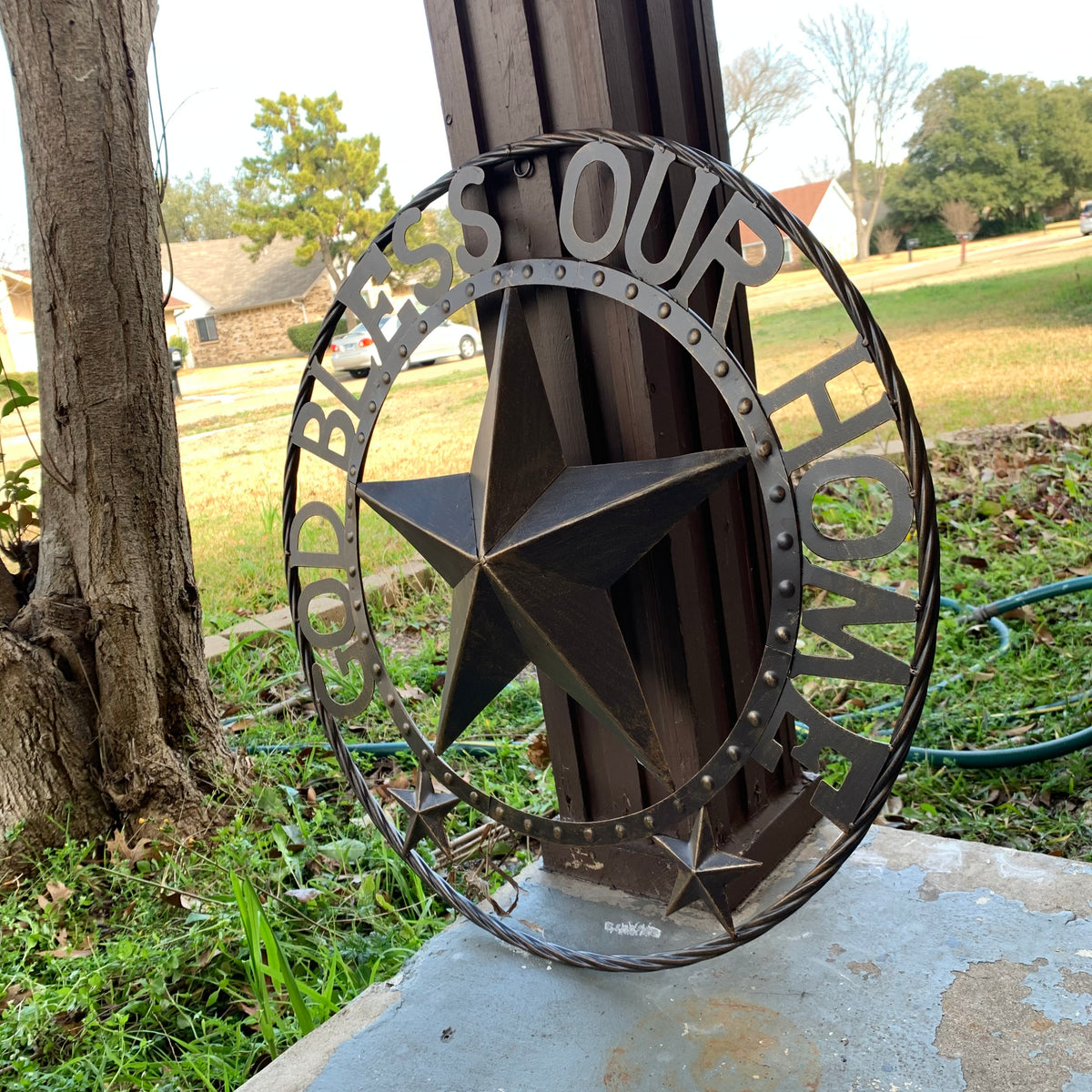 24" GOD BLESS OUR HOME BEADED STAR COLIBROX METAL TWISTED ROPE RING LONE STAR WALL ART WESTERN HOME DECOR RUSTIC DARK BRONZE COPPER HANDMADE NEW