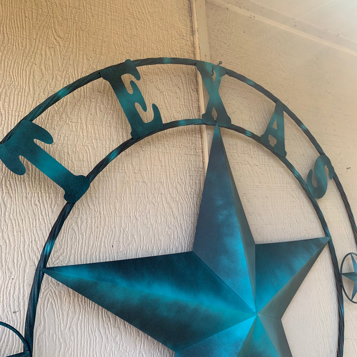TEXAS LONESTAR TURQUOISE DISTRESSED TWO TONE METAL BARN STAR TWISTED ROPE RING WALL ART WESTERN HOME DECOR HANDMADE NEW #EH10483