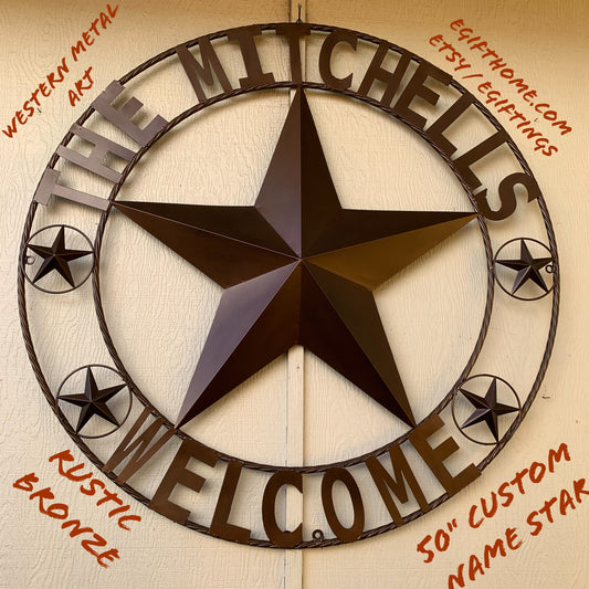 MITCHELLS STYLE YOUR CUSTOM NAME FAMILY WELCOME STAR METAL BARN STAR ROPE RING WESTERN HOME DECOR VINTAGE RUSTIC BROWN NEW HANDMADE 24",32",36",40",42",44",46",50"