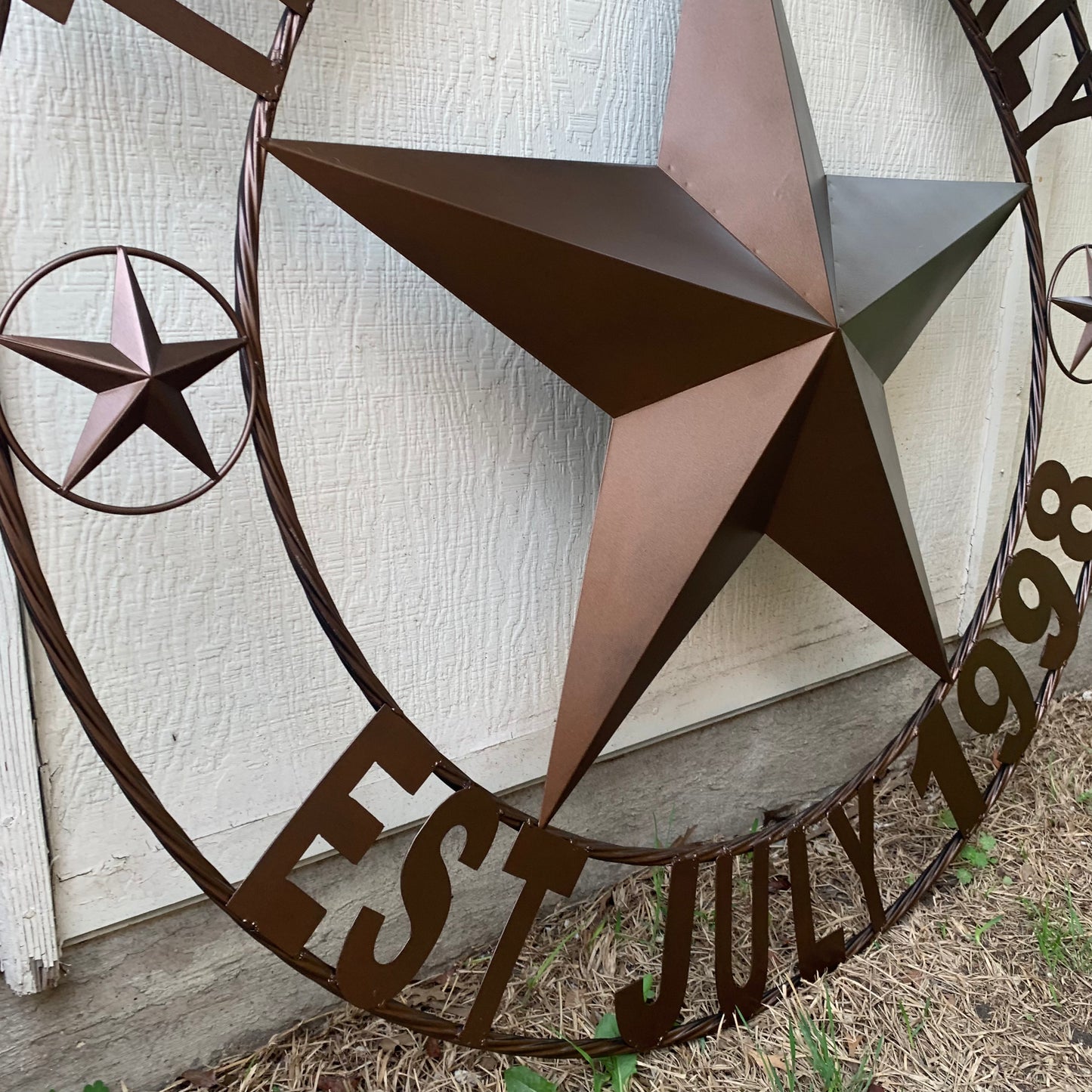 THE WILD FAMILY STYLE CUSTOM FAMILY NAME STAR METAL BARN STAR ROPE RING WESTERN HOME DECOR BRONZE HANDMADE 24",32",34",36",40",42",44",48",50"