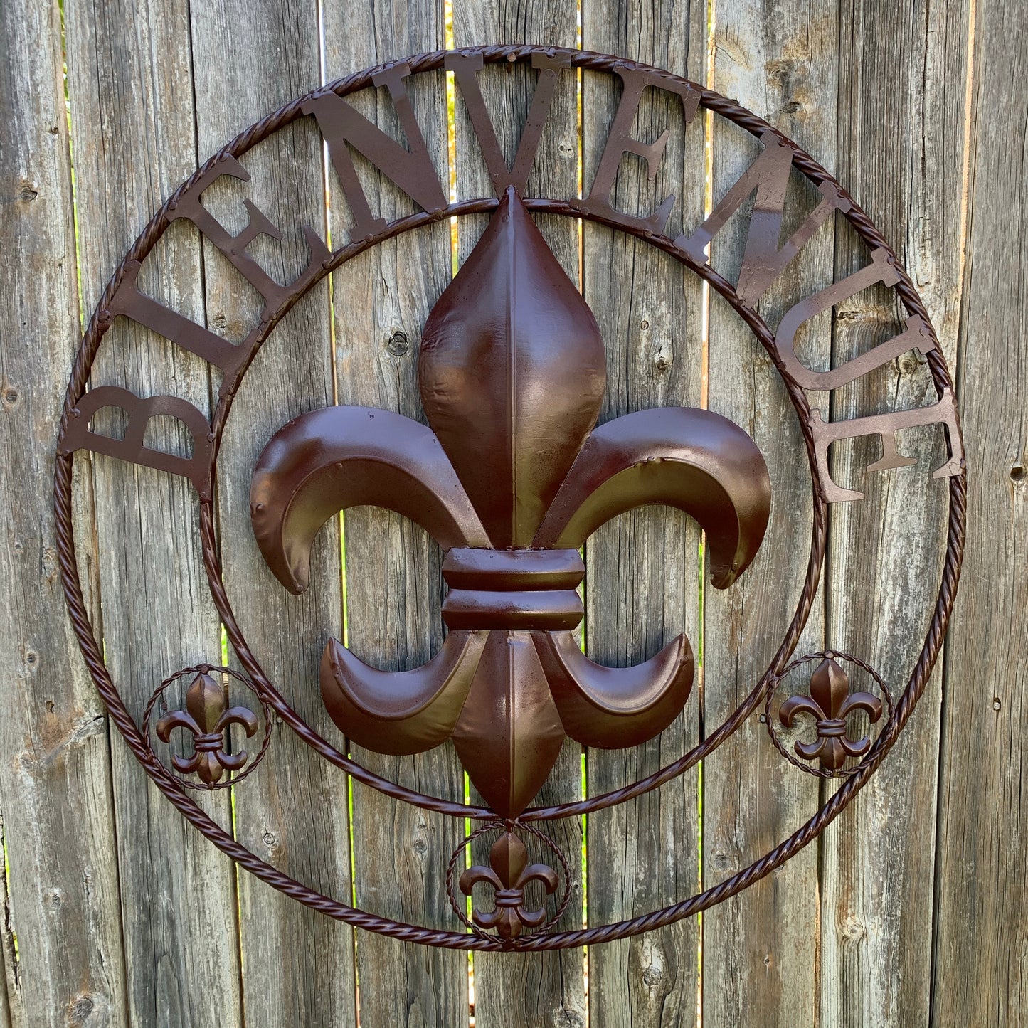 BIENVENUE FLEUR DE LIS GLOSSY BROWN METAL WALL ART WESTERN HOME DECOR NEW #EH10183