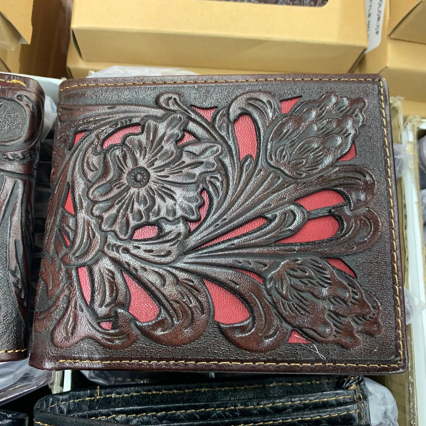 5" BROWN & RED MEN'S WALLET GENUINE LEATHER BIFOLD WESTERN STYLE WALLET NEW
