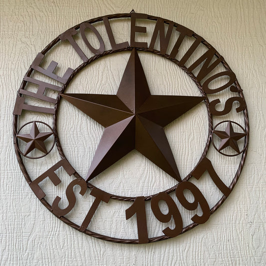 TOLENTINOS STYLE YOUR CUSTOM FAMILY NAME STAR METAL BARN STAR ROPE RING WESTERN HOME DECOR VINTAGE RUSTIC BROWN NEW HANDMADE 24",32",36",40",50"