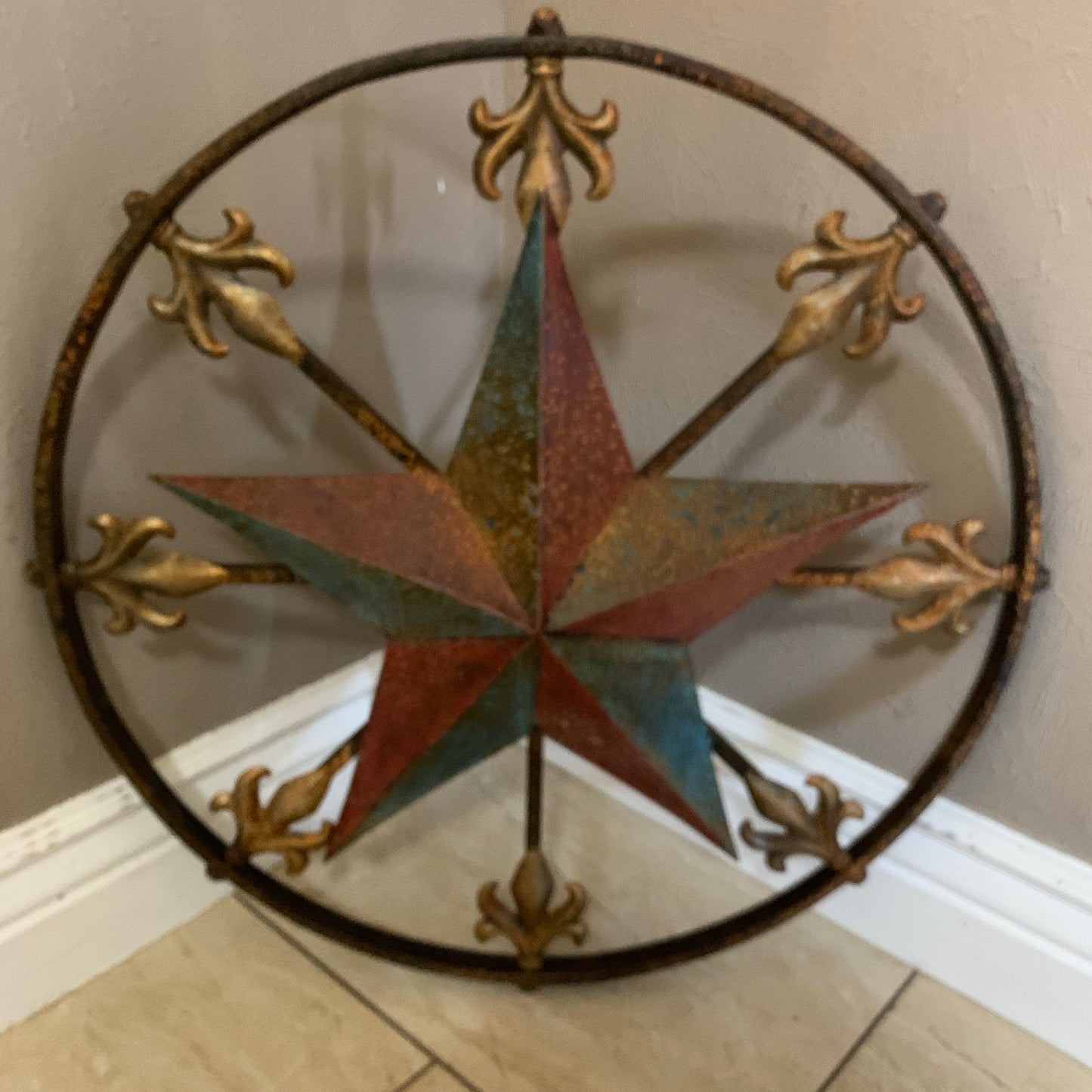24" RUSTIC STAR & MULTI FLEUR DE LIS METAL WALL ART WESTERN HOME DECOR RED GOLD & TURQUOISE ART