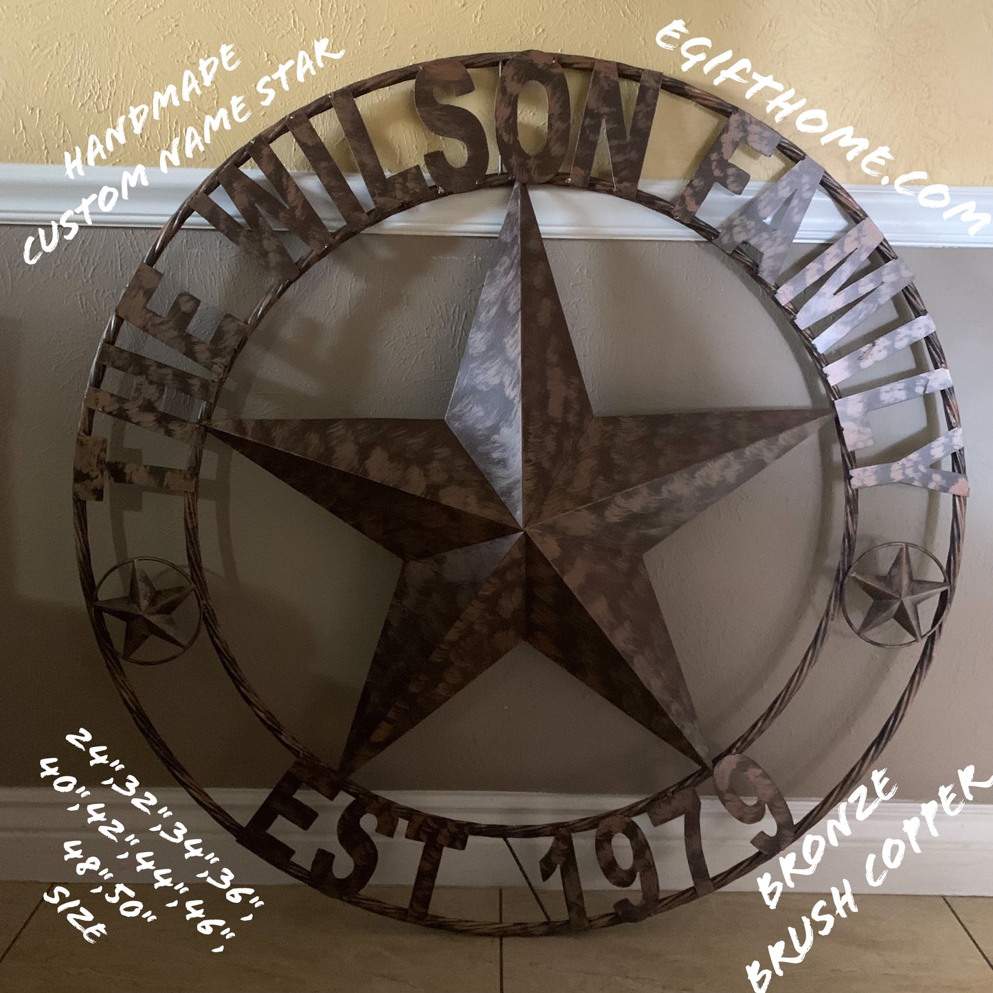 COLOMINA STYLE YOUR CUSTOM NAME BARN STAR BRONZE BRUSH COPPER METAL STAR 3d TWISTED ROPE RING COLOMINA WESTERN HOME DECOR RUSTIC VINTAGE HANDMADE 24",32",36",40",42",44",46",50"