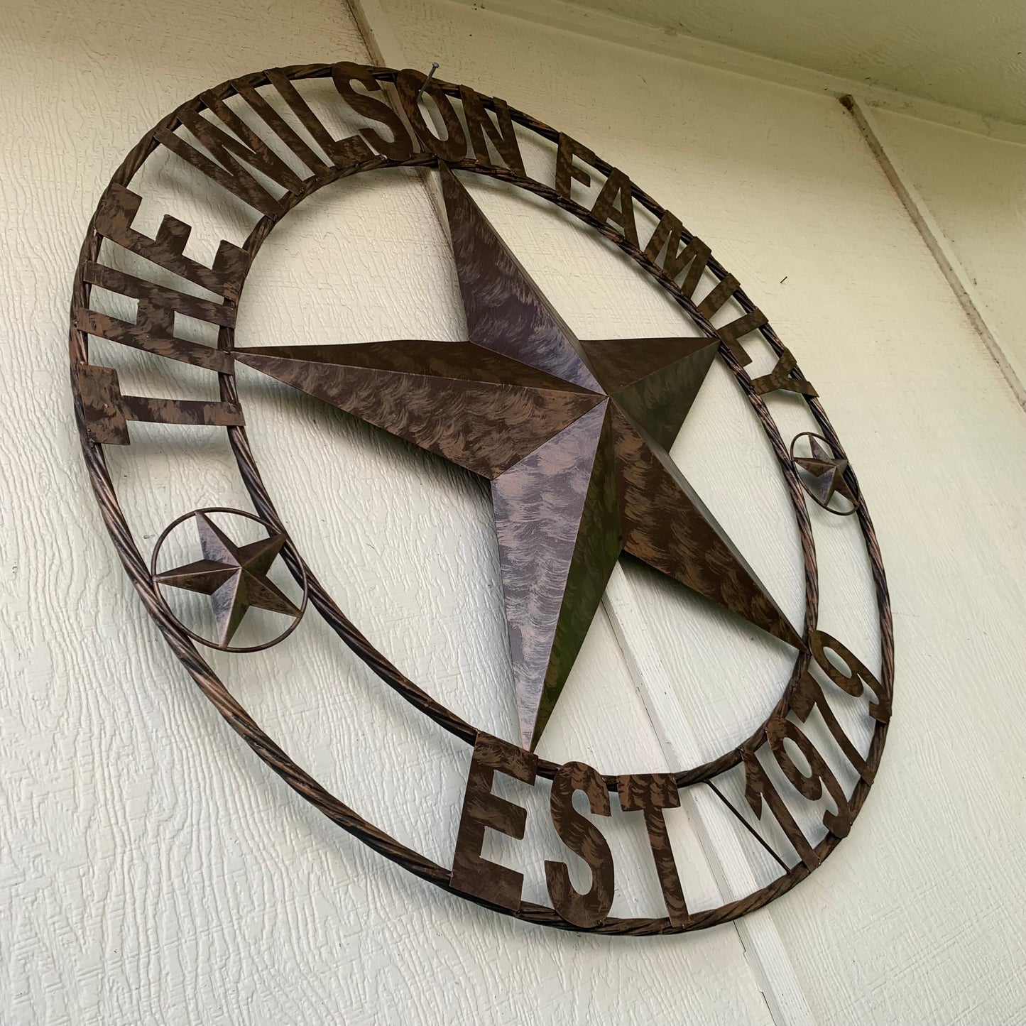 COLOMINA STYLE YOUR CUSTOM NAME BARN STAR BRONZE BRUSH COPPER METAL STAR 3d TWISTED ROPE RING COLOMINA WESTERN HOME DECOR RUSTIC VINTAGE HANDMADE 24",32",36",40",42",44",46",50"