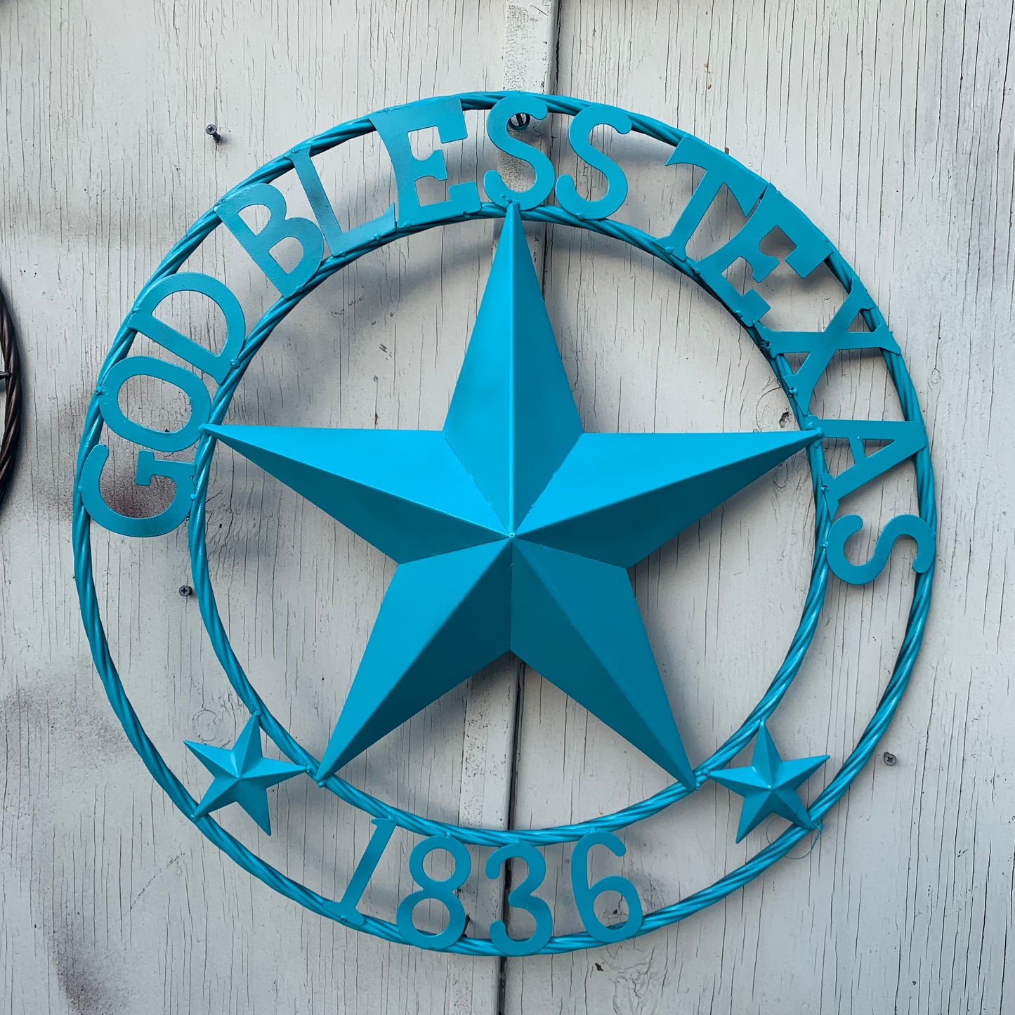 GOD BLESS TEXAS 1836 BARN METAL STAR TWISTED ROPE RING WESTERN HOME DECOR RUSTIC TURQUOISE SEASIDE NEW 24",32",36"