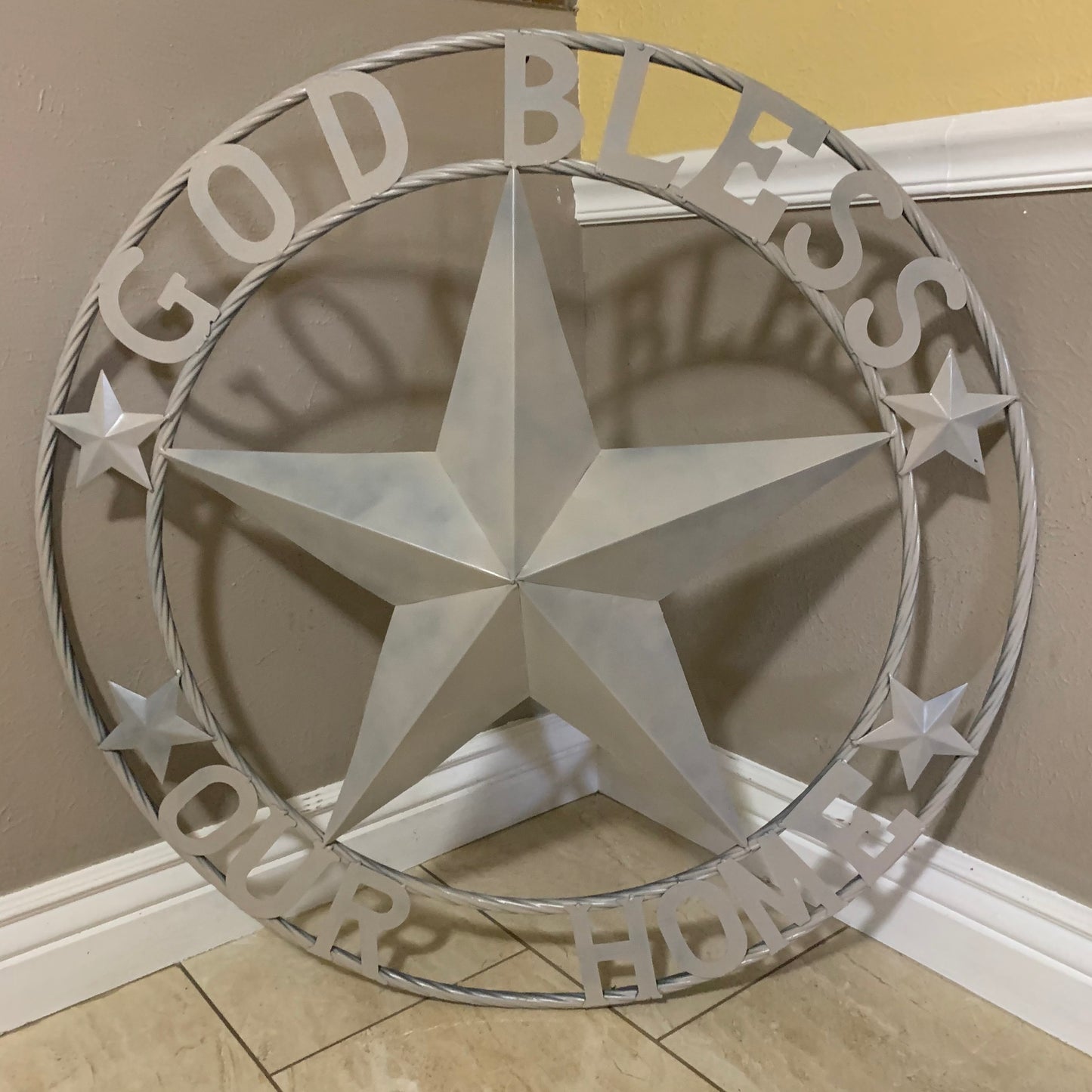 GOD BLESS OUR HOME RUSTIC BEIGE BARN METAL STAR ROPE RING WALL ART WESTERN HOME DECOR HANDMADE NEW #EH11686