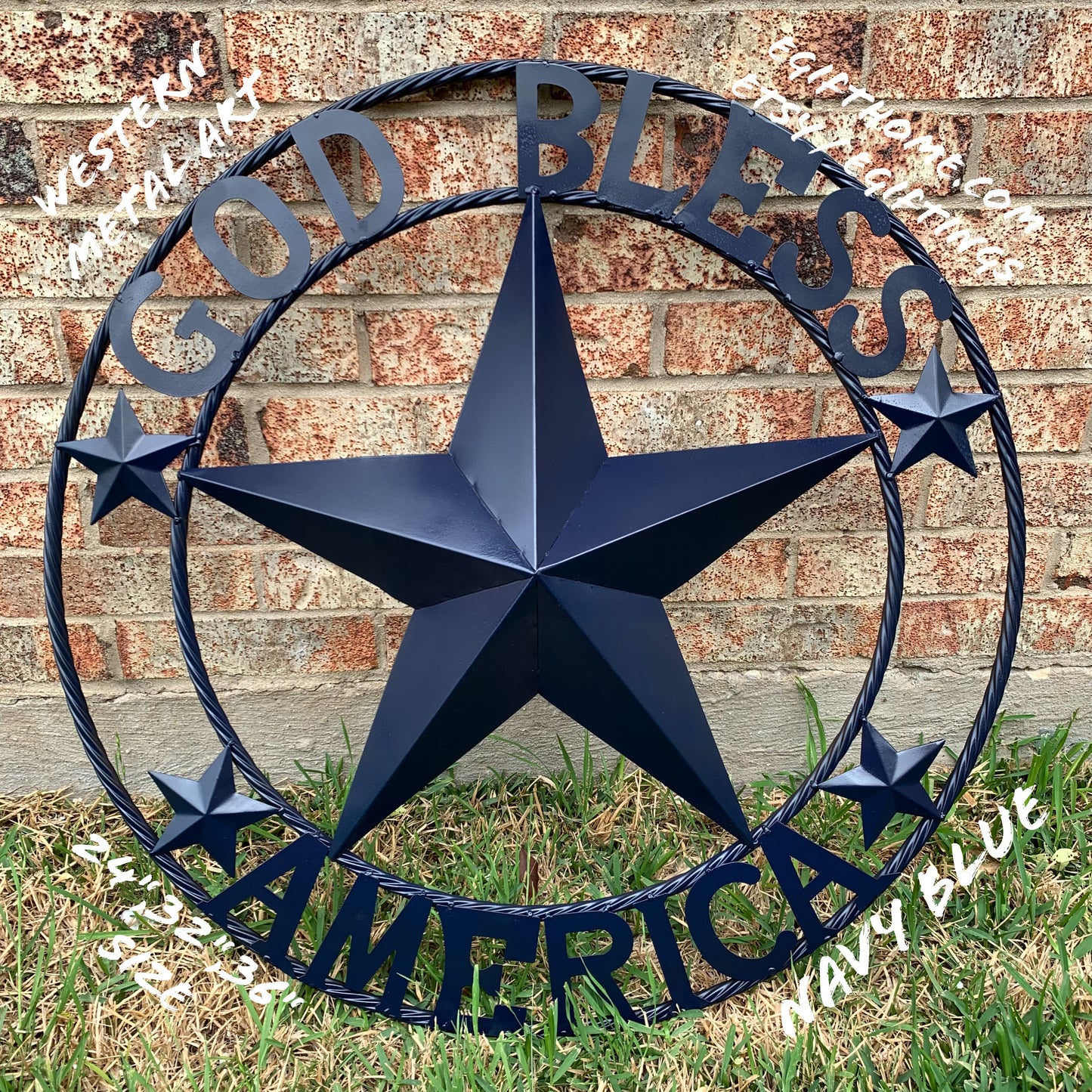 GOD BLESS AMERICA NAVY BLUE METAL BARN STAR RING ART WESTERN HOME DECOR NEW-#EH10131