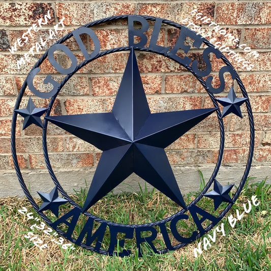 GOD BLESS AMERICA NAVY BLUE METAL BARN STAR RING ART WESTERN HOME DECOR NEW-#EH10131