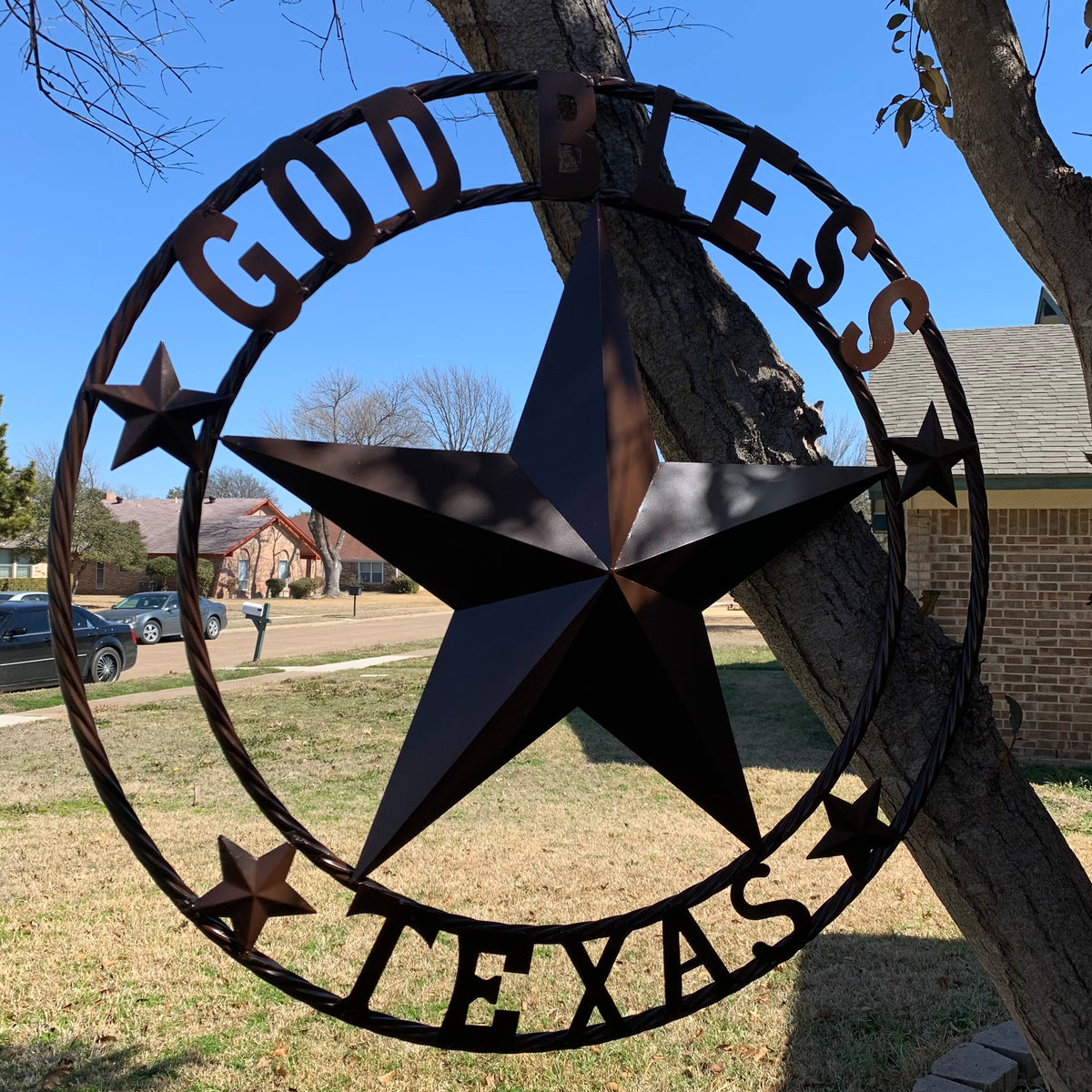 GOD BLESS TEXAS BROWN BARN STAR METAL LONE STAR TWISTED ROPE RING WESTERN HOME DECOR HANDMADE NEW #EH11085