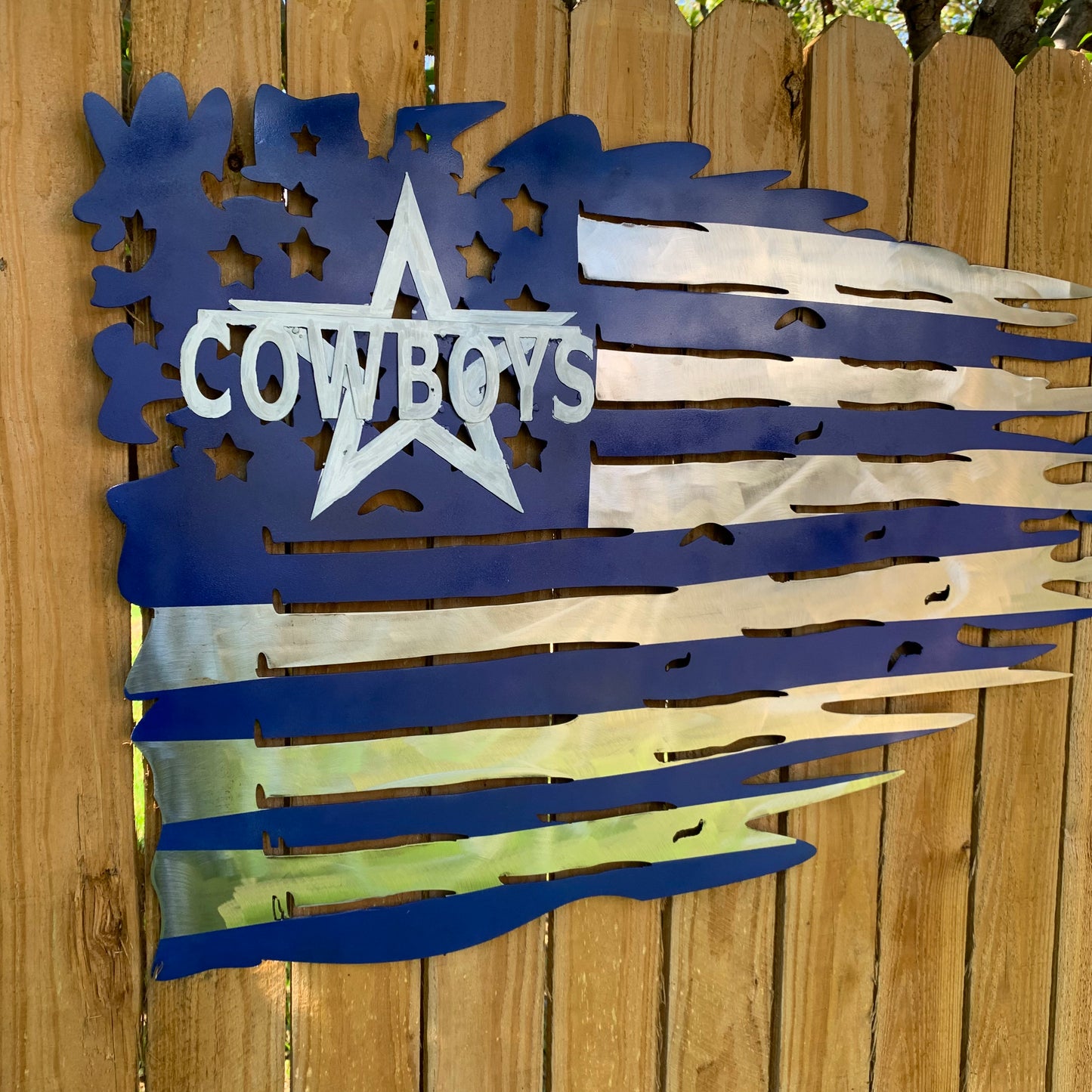 DALLAS COWBOYS METAL TATTERED FLAG BRIGHT BLUE & SILVER CUSTOM VINTAGE CRAFT TEAM SIGN HANDMADE