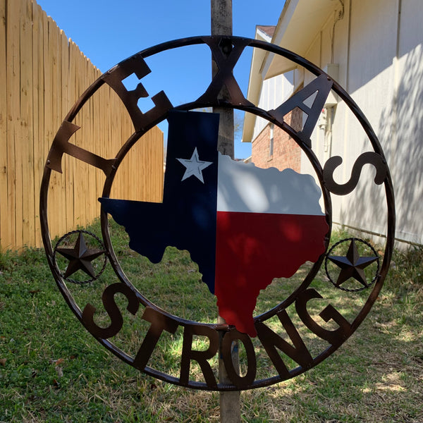 TEXAS STRONG SIGN METAL WALL ART WESTERN HOME DECOR RED WHITE BLUE WITH BRONZE RING HANDMADE #EH13212