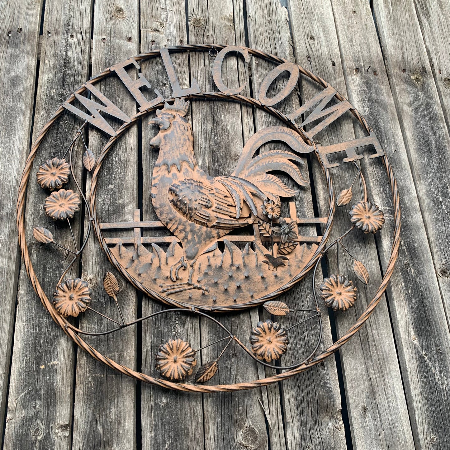 #EH11437 ROOSTER WELCOME 24" SCROLL ART METAL SIGN WESTERN HOME DECOR NEW