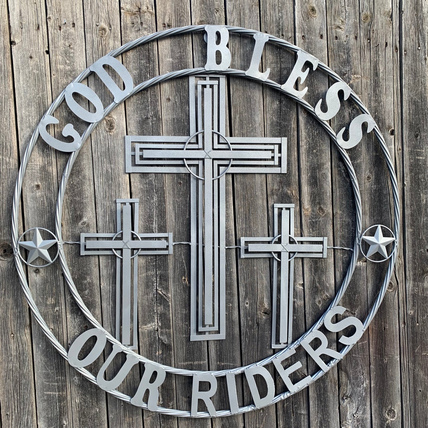 40"GOD BLESS OUR RIDERS CRUCIFIX GREY CROSS METAL WALL ART HANDMADE