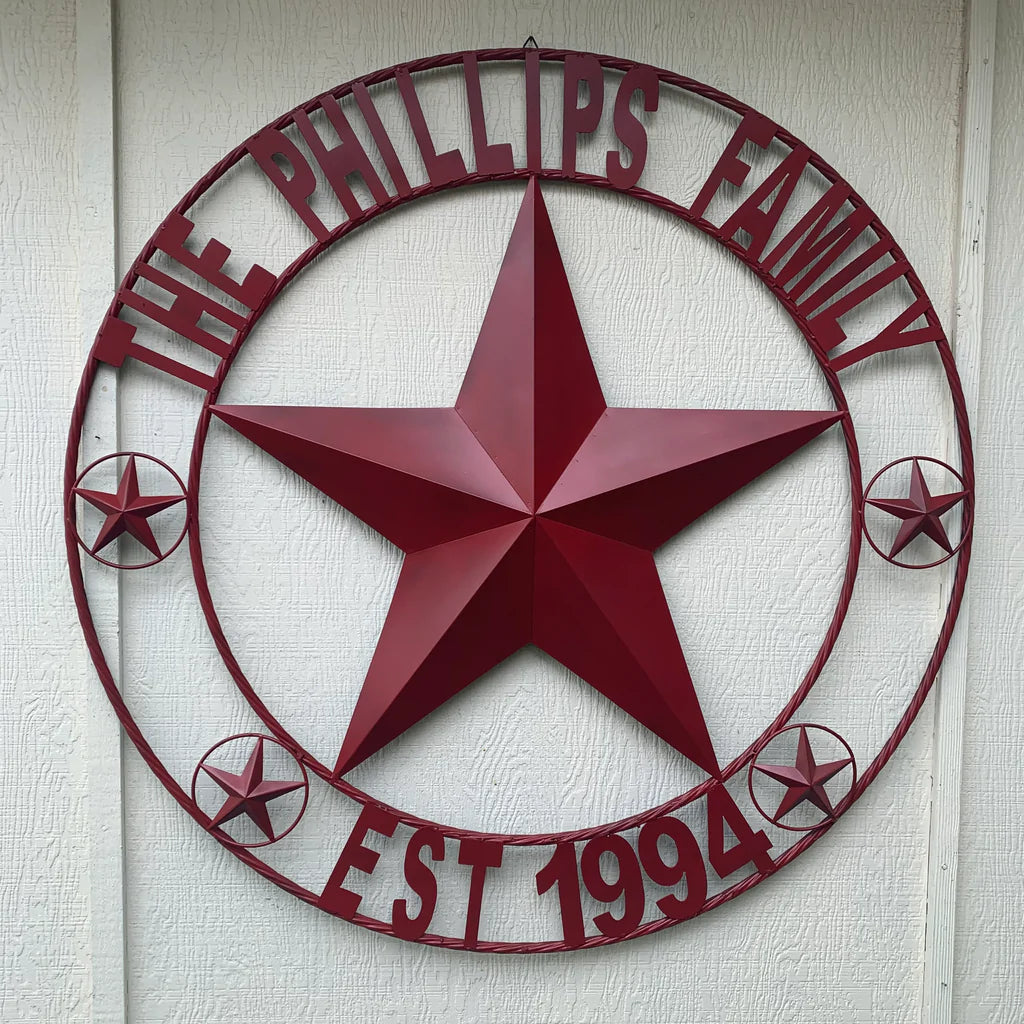 PHILLIPS STYLE YOUR CUSTOM STAR METAL NAME RUSTIC BURGUNDY RED PHILLIPS CUSTOM 3d STAR METAL NAME BARN STAR TWISTED ROPE RING DESIGN METAL WALL ART HOME DECOR ANY SIZE