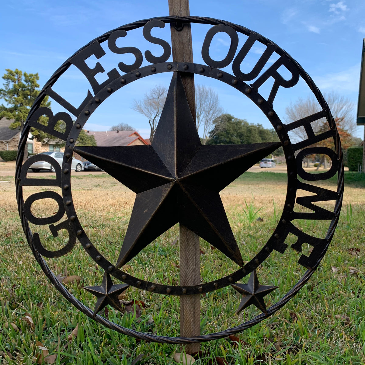 24" GOD BLESS OUR HOME BEADED STAR COLIBROX METAL TWISTED ROPE RING LONE STAR WALL ART WESTERN HOME DECOR RUSTIC DARK BRONZE COPPER HANDMADE NEW