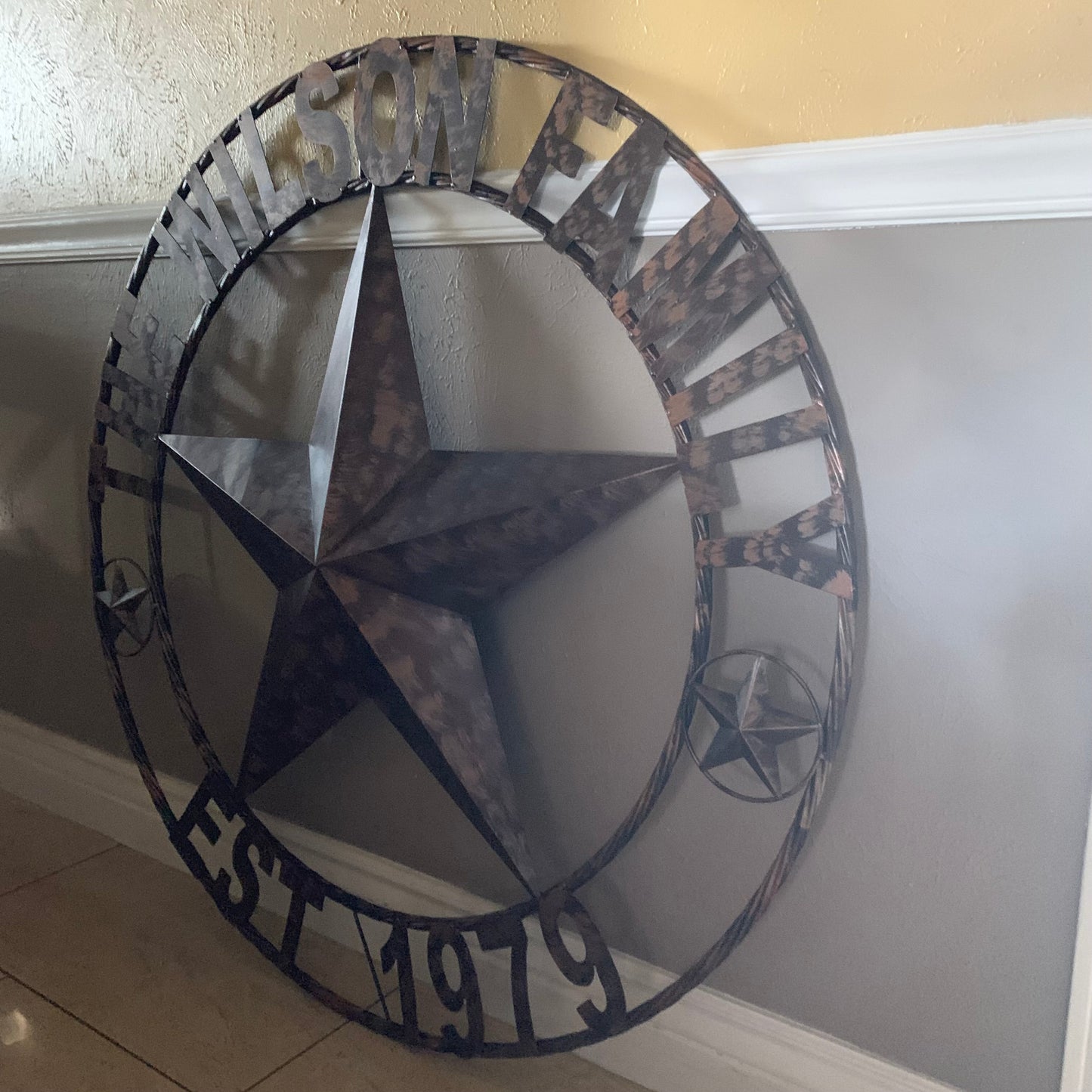 COLOMINA STYLE YOUR CUSTOM NAME BARN STAR BRONZE BRUSH COPPER METAL STAR 3d TWISTED ROPE RING COLOMINA WESTERN HOME DECOR RUSTIC VINTAGE HANDMADE 24",32",36",40",42",44",46",50"