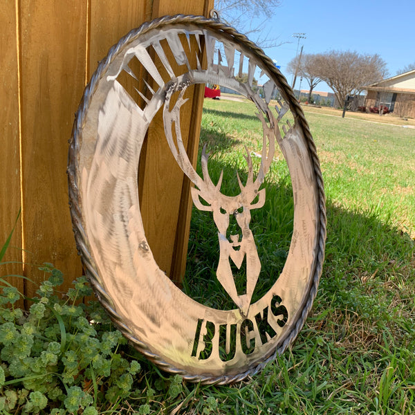 24" MILWAUKEE BUCKS RAW METAL WIDE BAND DISC STYLE METAL CUSTOM VINTAGE CRAFT TEAM SPORTS SIGN HANDMADE