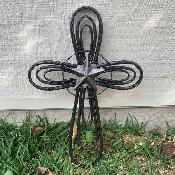 #EH80002 STAR WROUGHT IRON METAL CROSS WALL ART DARK SILVER GREY WESTERN HOME DECOR HANDMADE